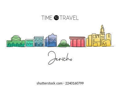 One single line drawing of Jericho city skyline, Palestine. Town landscape for home wall decor poster. Best holiday destination. Trendy continuous line draw graphic design vector illustration
