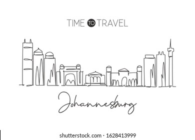 One Single Line Drawing Johannesburg City Skyline, South Africa. Historical Place Landscape Postcard. Best Holiday Destination. Editable Stroke Trendy Continuous Line Draw Design Vector Illustration