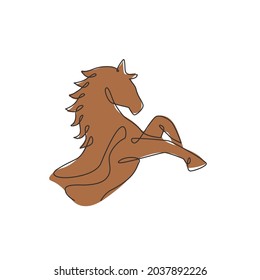 One single line drawing of jumping elegance horse for company logo identity. Strong gallop head mammal animal symbol concept. Modern continuous line draw vector graphic design illustration