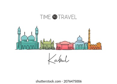 One single line drawing of Kabul city skyline, Afghanistan. World historical town landscape. Best holiday destination postcard print art. Trendy continuous line draw design vector graphic illustration