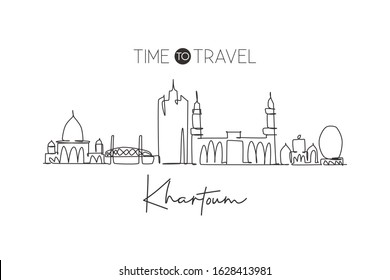 One single line drawing of Khartoum city skyline, Sudan. Historical place landscape in world postcard. Best holiday destination. Editable stroke trendy continuous line draw design vector illustration