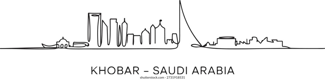 One single line drawing Khobar city skyline, Saudi Arabia. World town landscape postcard print. Best place holiday destination. one line Icon drawing
