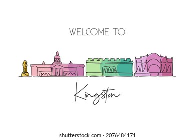 One single line drawing Kingston city skyline, Jamaica. World historical town landscape. Best place holiday destination postcard. Editable stroke trendy continuous line draw design vector illustration