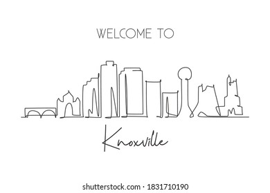 One single line drawing Knoxville city skyline, Tennessee. World historical town landscape. Best holiday destination postcard. Editable stroke trendy continuous line draw design vector illustration