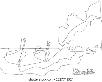 One single line drawing of Krabi Thailand. Railay East beach,Phra Nang, Ao Nang. Long tail fishing boat. Tropical vacation holiday tourism beach concept. For printing on t-shirts, souvenirs, magnets