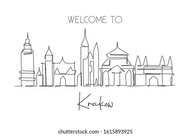 One single line drawing of Krakow city skyline, Poland. Historical skyscraper landscape postcard. Best holiday destination wall decor poster art. Trendy continuous line draw design vector illustration
