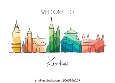 One single line drawing of Krakow city skyline, Poland. Historical skyscraper landscape postcard. Best holiday destination wall decor poster art. Trendy continuous line draw design vector illustration