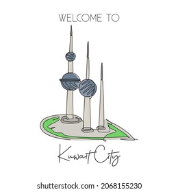 Una sola línea que dibuja el punto de referencia de las torres de Kuwait. Edificio icónico mundialmente famoso en la ciudad de Kuwait. Afiche de decoración de postales para viajes de turismo. Ilustración de diseño de traza continua moderna