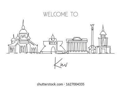 One single line drawing of Kyiv city skyline, Ukraine. Historical town landscape in world. Best holiday destination wall decor art poster print. Trendy continuous line draw design vector illustration