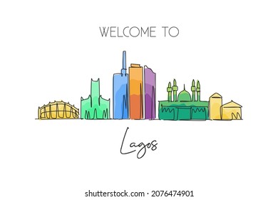 One single line drawing of Lagos city skyline, Nigeria. Historical town landscape home wall decor poster print art. Best holiday destination. Trendy continuous line draw design vector illustration