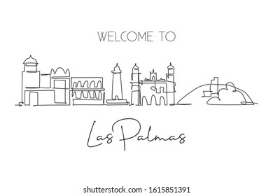 One single line drawing of Las Palmas city skyline Spain. Historical skyscraper landscape in world postcard. Best holiday destination wall decor poster. Continuous line draw design vector illustration
