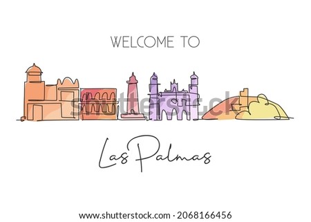 One single line drawing of Las Palmas city skyline Spain. Historical skyscraper landscape in world postcard. Best holiday destination wall decor poster. Continuous line draw design vector illustration