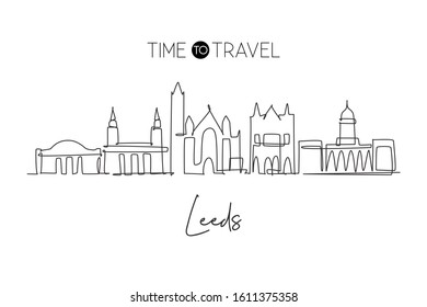 One single line drawing Leeds city skyline. Historical city skyscraper landscape in world. Best destination holiday vacation home wall decor concept. Continuous line draw design vector illustration