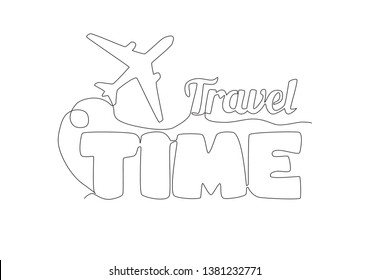 One single line drawing of lettering cute and cool holiday typography quote - Travel time. Calligraphic design for print, greeting card, banner, poster. Continuous line draw design vector illustration