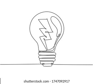 One single line drawing of light bulb with thunder bolt logo identity. Power energy electricity logotype icon template concept. Dynamic continuous line draw design graphic vector illustration