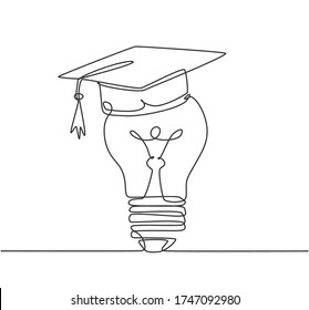 One single line drawing of light bulb wearing graduation hat logo identity. Smart education academy logotype icon template concept. Dynamic continuous line draw design graphic vector illustration