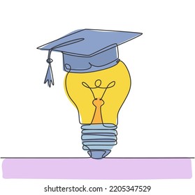 One single line drawing of light bulb wearing graduation hat logo identity. Smart education academy logotype icon template concept. Dynamic continuous line draw design graphic vector illustration