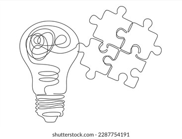 One single line drawing of light bulb with pieces of puzzles forming logo identity. Teamwork smart company logotype icon template concept. Continuous line draw design graphic vector illustration