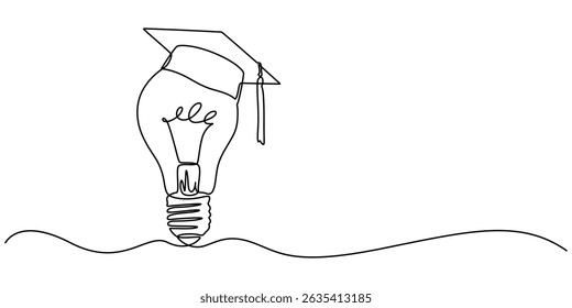 One single line drawing of light bulb wearing graduation hat logo identity. Smart education academy logotype icon template concept, Light bulb and graduation cap continuous line drawn. Creative smart.
