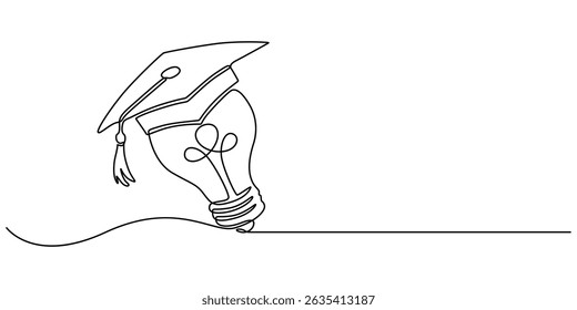 Un dibujo de una sola línea de bombilla con la identidad del logotipo del sombrero de graduación. Concepto de Plantilla del icono del logotipo de la academia de educación inteligente, línea continua dibujada de la bombilla y del casquillo de graduación. Inteligente creativo.