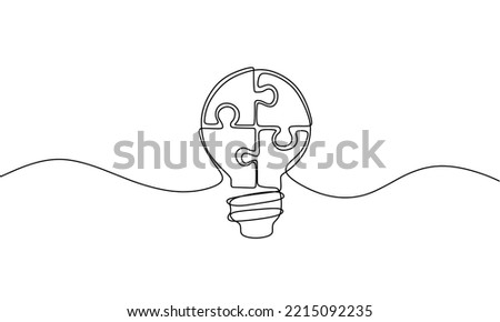 One single line drawing of light bulb with pieces of puzzles forming logo identity. Teamwork smart company logotype icon template concept. Continuous line draw design graphic vector illustration