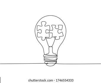 One single line drawing of lightbulb with puzzle pieces inside for creative team company logo identity. Power teamwork icon concept. Trendy continuous line draw design vector illustration