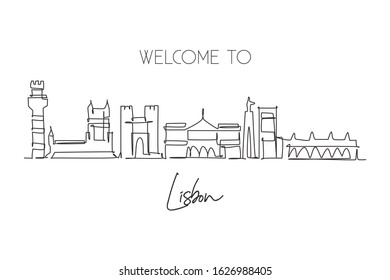 One Single Line Drawing Of Lisbon City Skyline, Portugal. Historical Town Landscape In World. Best Holiday Destination Home Art Wall Decor Poster Print. Continuous Line Draw Design Vector Illustration