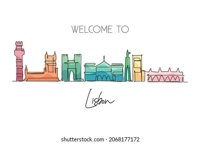 One single line drawing of Lisbon city skyline, Portugal. Historical town landscape in world. Best holiday destination home art wall decor poster print. Continuous line draw design vector illustration