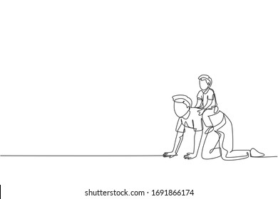 One single line drawing of little boy playing with his dad, siting and riding on father's back, parenting vector illustration. Happy family playing together concept. Modern continuous line draw design