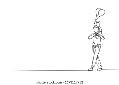 One single line drawing of little boy who hold a balloon siting on father's shoulder at night carnival funfair vector illustration. Happy parenting learning concept. Modern continuous line draw design