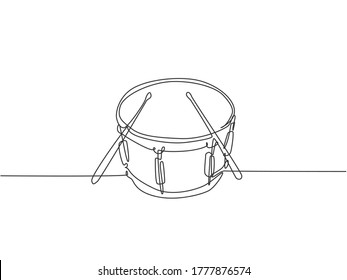 One single line drawing of little drum with drum sticks. Percussion music instruments concept. Dynamic continuous line draw design graphic vector illustration