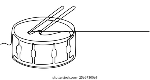 One single line drawing of little drum with drum sticks. Percussion music instruments concept. Dynamic continuous line draw design graphic vector illustration, One line drawing drum with two sticks.