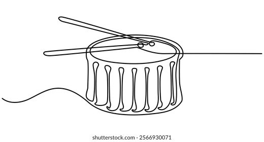 One single line drawing of little drum with drum sticks. Percussion music instruments concept. Dynamic continuous line draw design graphic vector illustration, One line drawing drum with two sticks.