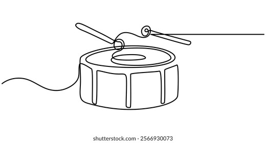 One single line drawing of little drum with drum sticks. Percussion music instruments concept. Dynamic continuous line draw design graphic vector illustration, One line drawing drum with two sticks.