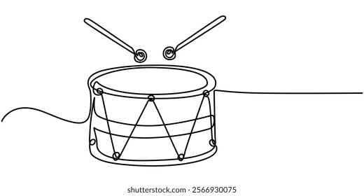 One single line drawing of little drum with drum sticks. Percussion music instruments concept. Dynamic continuous line draw design graphic vector illustration, One line drawing drum with two sticks.