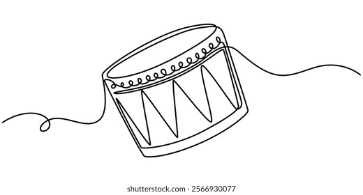 One single line drawing of little drum with drum sticks. Percussion music instruments concept. Dynamic continuous line draw design graphic vector illustration, One line drawing drum with two sticks.