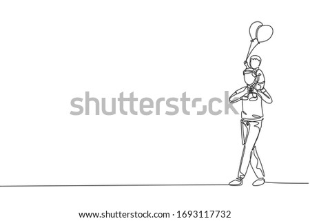 One single line drawing of little boy who hold a balloon siting on father's shoulder at night carnival funfair vector illustration. Happy parenting learning concept. Modern continuous line draw design