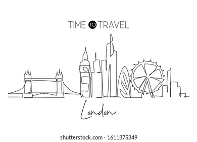 One single line drawing London city skyline. Historical skyscraper and landscape in world. Best destination holiday vacation home wall decor concept. Continuous line draw design vector illustration