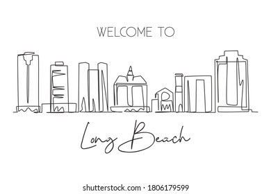 One single line drawing of Long Beach city skyline, California. Town landscape for home wall decor poster. Best holiday destination. Trendy continuous line draw graphic design vector illustration