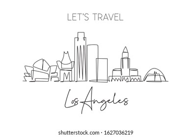 One single line drawing of Los Angeles city skyline, USA. Historical town landscape in world. Best holiday destination poster. Editable stroke trendy continuous line draw design vector illustration