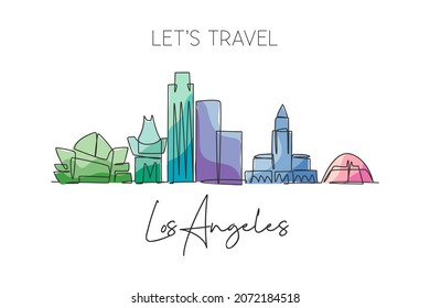 One single line drawing of Los Angeles city skyline, USA. Historical town landscape in world. Best holiday destination poster. Editable stroke trendy continuous line draw design vector illustration