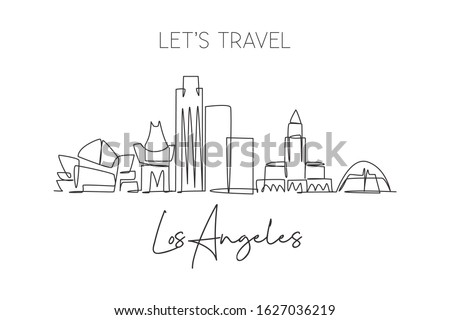 One single line drawing of Los Angeles city skyline, USA. Historical town landscape in world. Best holiday destination poster. Editable stroke trendy continuous line draw design vector illustration