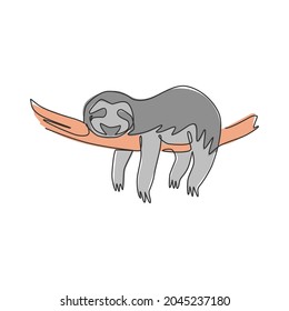 One single line drawing of lovely adorable sloth sleeping at branch tree for logo identity. Cute mammal mascot concept for zoo icon. Trendy continuous line draw design vector graphic illustration