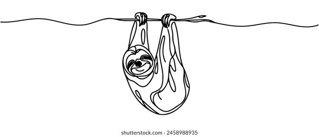 One single line drawing of lovely adorable sloth sleeping at branch tree for logo identity. Cute mammal mascot concept for zoo icon