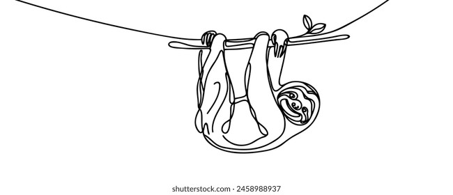 One single line drawing of lovely adorable sloth sleeping at branch tree for logo identity. Cute mammal mascot concept for zoo icon