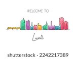 One single line drawing Lowell city skyline, Massachusetts. World historical town landscape. Best holiday destination postcard. Editable stroke trendy continuous line draw design vector illustration