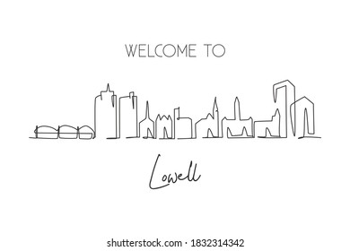 One single line drawing Lowell city skyline, Massachusetts. World historical town landscape. Best holiday destination postcard. Editable stroke trendy continuous line draw design vector illustration