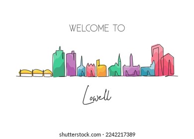 One single line drawing Lowell city skyline, Massachusetts. World historical town landscape. Best holiday destination postcard. Editable stroke trendy continuous line draw design vector illustration