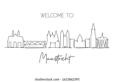 One single line drawing of Maastricht city skyline, Netherlands. Historical skyscraper landscape in world. Best holiday destination wall decor poster. Continuous line draw design vector illustration