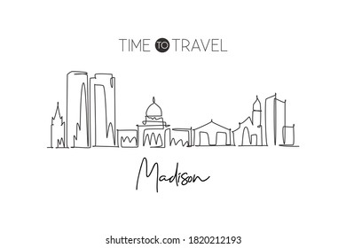 One single line drawing of Madison city skyline, Wisconsin. Historical town landscape in the world. Best holiday destination. Editable stroke trendy continuous line draw design vector illustration